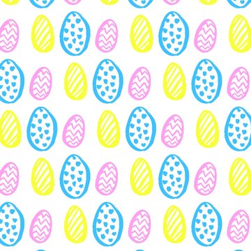 Seamless vector pattern with easter eggs of different color, on white. Hand drawn. Vector