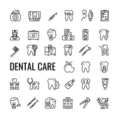 Dental care outline icon set. Dentist tools and tooth.