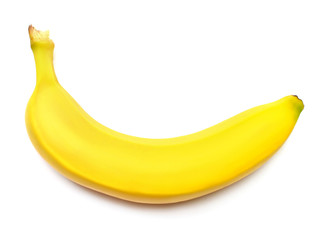 Single banana against white background. Flat lay, top view