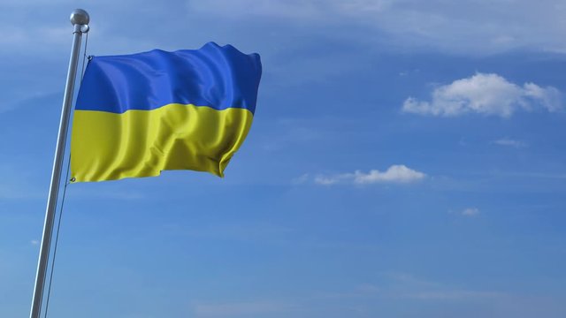 Commercial airplane landing behind waving Ukrainian flag. Travel to Ukraine conceptual animation