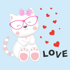 Obraz na płótnie Canvas Greeting card Cute baby cat with glasses and an inscription love isolated in white background.