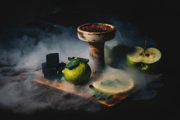 shisha lime limon on the black background with smoke