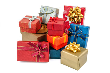 different colored gift boxes on white