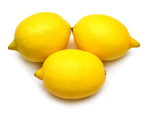 Three lemons isolated on white background. Tropical fruit. Flat lay, top view
