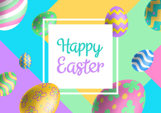 happy easter banner design with eggs and colorful geometric shapes