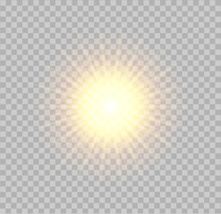 Vector realistic sun with shining rays on transparent background. yellow glowing sun.