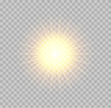 Vector realistic sun with shining rays on transparent background. yellow glowing sun.