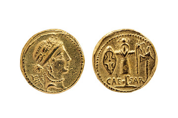 Roman Aureus Gold Coin replica of Julius Caesar with a probable portrait of the goddess Venus and a Trophy of Gallic Arms on the reverse struck between 48-47 BC cut out and isolated white background © Tony Baggett
