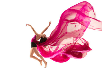 Obraz na płótnie Canvas Graceful ballet dancer or classic ballerina dancing isolated on white studio. Woman dancing with pink silk cloth. The dance, performer, flexibility, elegance, performance, grace, artist, contemporary