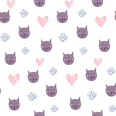 Cute cartoon seamless pattern with purple cat heads, pink hearts and dark dots on white background. Lovely hand drawn violet kittens texture for kids design, textile, Valentines wrapping paper