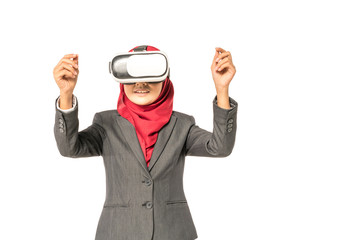 Veiled businesswoman wearing vr (Virtual Reality) box with white background. Technology conceptual.