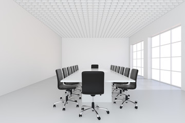 Empty white large meeting room with leather chairs and a table. 3d rendering.