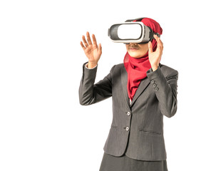 Veiled businesswoman wearing vr (Virtual Reality) box with white background. Technology conceptual.