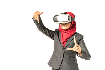 Veiled businesswoman wearing vr (Virtual Reality) box with white background. Technology conceptual.