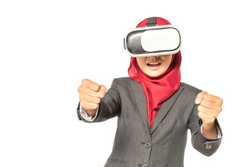 Veiled businesswoman wearing vr (Virtual Reality) box with white background. Technology conceptual.