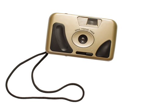 Point-and-shoot 90s retro style camera isolated on white background (front view) - Powered by Adobe