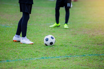 Soccer player standing with ball on green grass