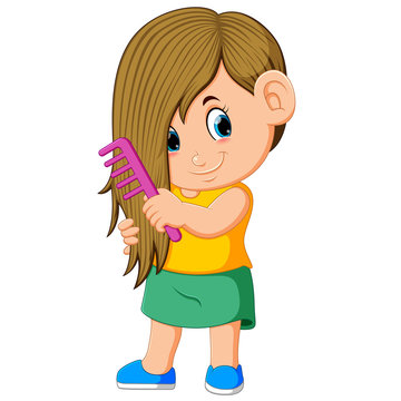 the girl is combing her hair with the pink comb