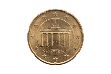 Reverse of a Twenty cent euro coin of Germany dated 2002 showing the Brandenburg Gate in Berlin cut...