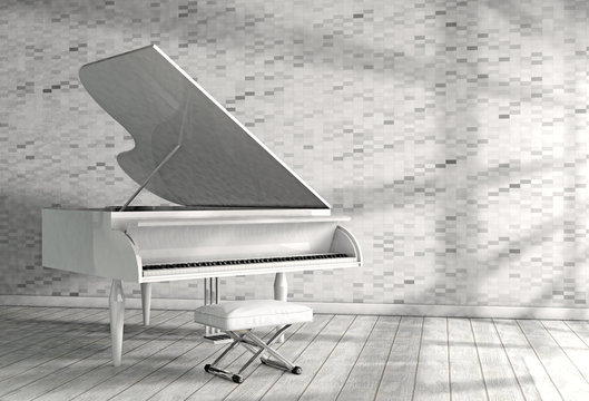 Piano music conceptual image.3d illustration.Surreal image of white piano in empty room and sunlight through the window.
