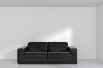 Front view of black leather sofa on gray wall background. 3d rendering.