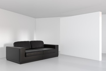 Meeting room and blank banner in interior with large window. 3D Rendering.