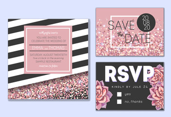 Floral wedding invitation set. Collection of different invite cards decorated with succulents and rose glitter. Save the date, rsvp vector cards.