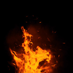 Fototapeta na wymiar Texture of burn fire with particles embers. Flames on isolated black background.