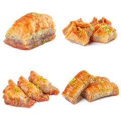 Tasty turkish sweets collage isolated on white