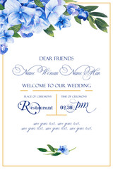 Floral vector template for wedding invitation, greeting background in blue colors. Beautiful flowers, composition of hydrangea and leaves.