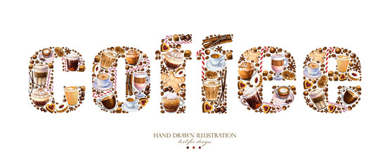 Inscription Coffee on a white background. Created letters from coffee drinks, grains, cookies. Illustration for menu, signage and benner.