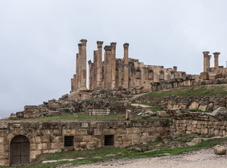 Fototapeta premium The ruins of Temple of Zeus in the great Roman city of Jerash - Gerasa, destroyed by an earthquake in 749 AD, located in Jerash city in Jordan