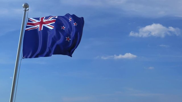 Commercial airplane landing behind waving flag. Travel to New Zealand conceptual animation