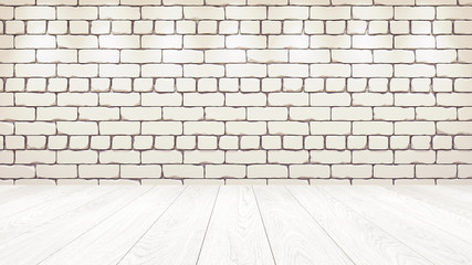 Fototapeta premium Biały, drewniany blat w tle to biała stara cegła. Efekt reflektora na ścianie - może służyć do wyeksponowania lub montażu renderowania 3d Twoich produktów
