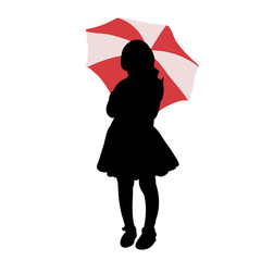 white background, black silhouette of a child girl with an umbrella