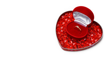 Valentines day isolated white background on it a box in the form of a heart, it are glass crystals...
