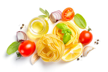 Italian cuisine concept - raw pasta and ingredients. Healthy vegetarian diet, isolated on white