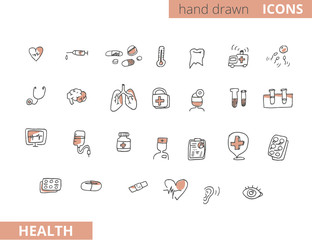 hand drawn set of Health and medical themed icons