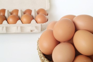 Eggs in tray on white background.