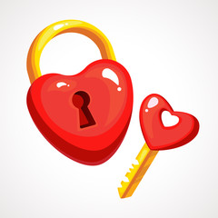 Vector illustration red heart lock and key