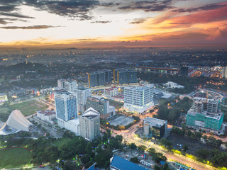 Naklejka premium SELANGOR, MALAYSIA - OCTOBER 08, 2017: Aerial view of township during sunrise.