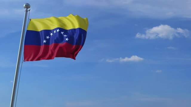 Commercial airplane landing behind waving Venezuelan flag. Travel to Venezuela conceptual animation