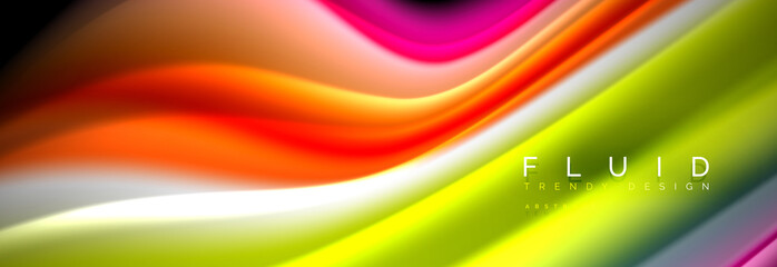 Bright colorful liquid fluid lines on black, modern abstract background