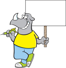 Cartoon illustration of a rhino holding a dart and a sign.