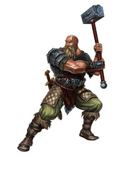 Old Viking with a two-handed hammer on white