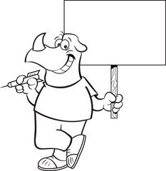 Black and white illustration of a rhino holding a dart and a sign.