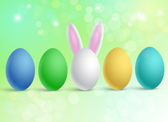 Vector illustration in minimal style of a set of traditional multi-colored Easter eggs. One egg has funny rabbit ears