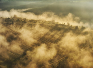 foggy spring morning. picturesque dawn. river canyon
