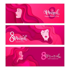 8 March vector illustration. Happy women's day modern design. Woman face with long hair. Paper art female portrait.