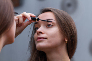 Obraz premium Young, attractive brown hair woman applying black mascara for eyelash makeup in mirror. Home and everyday Makeup